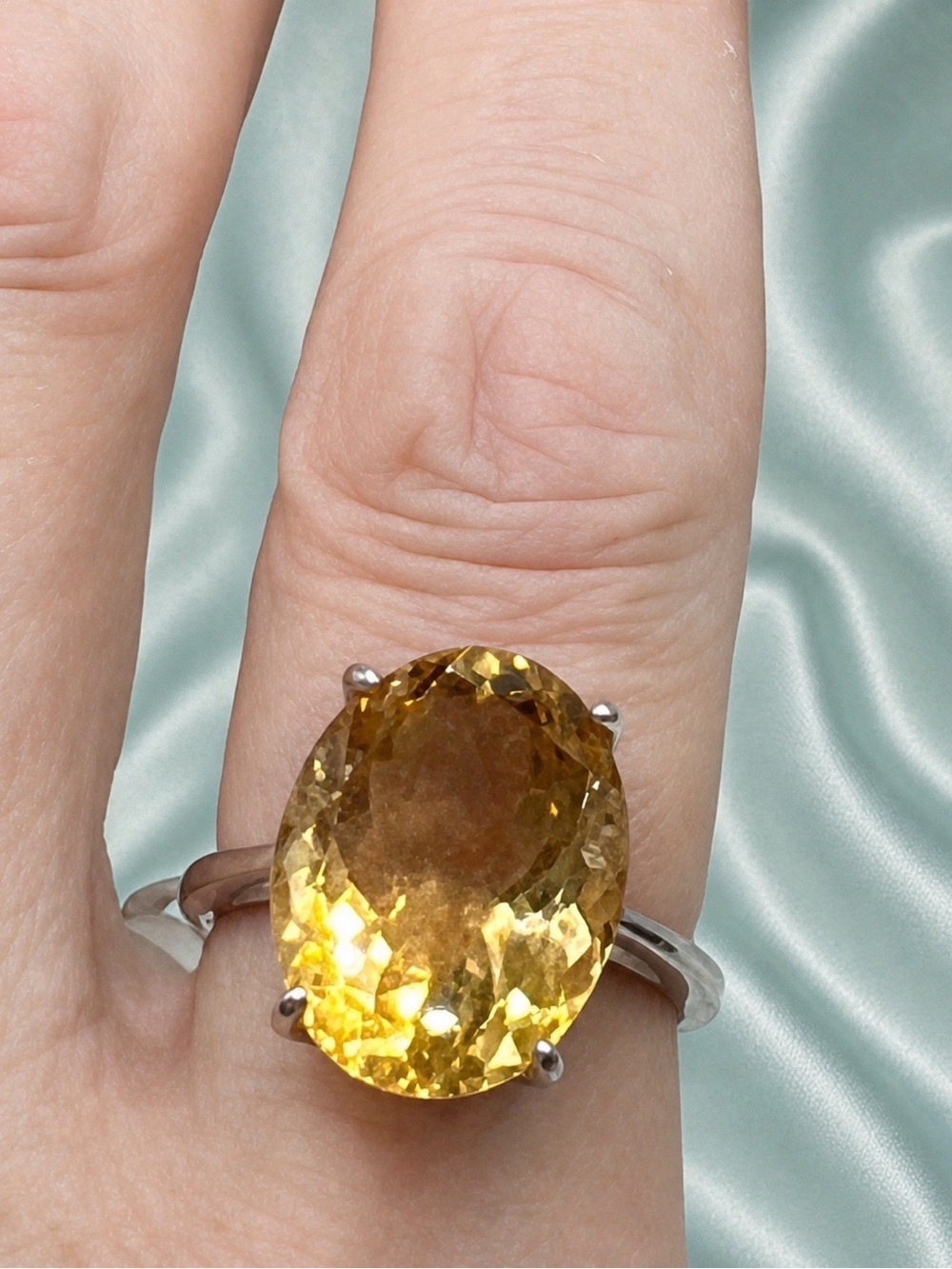 Large Oval Citrine Solitaire set in rhodium over 925 Sterling Silver. NEW!